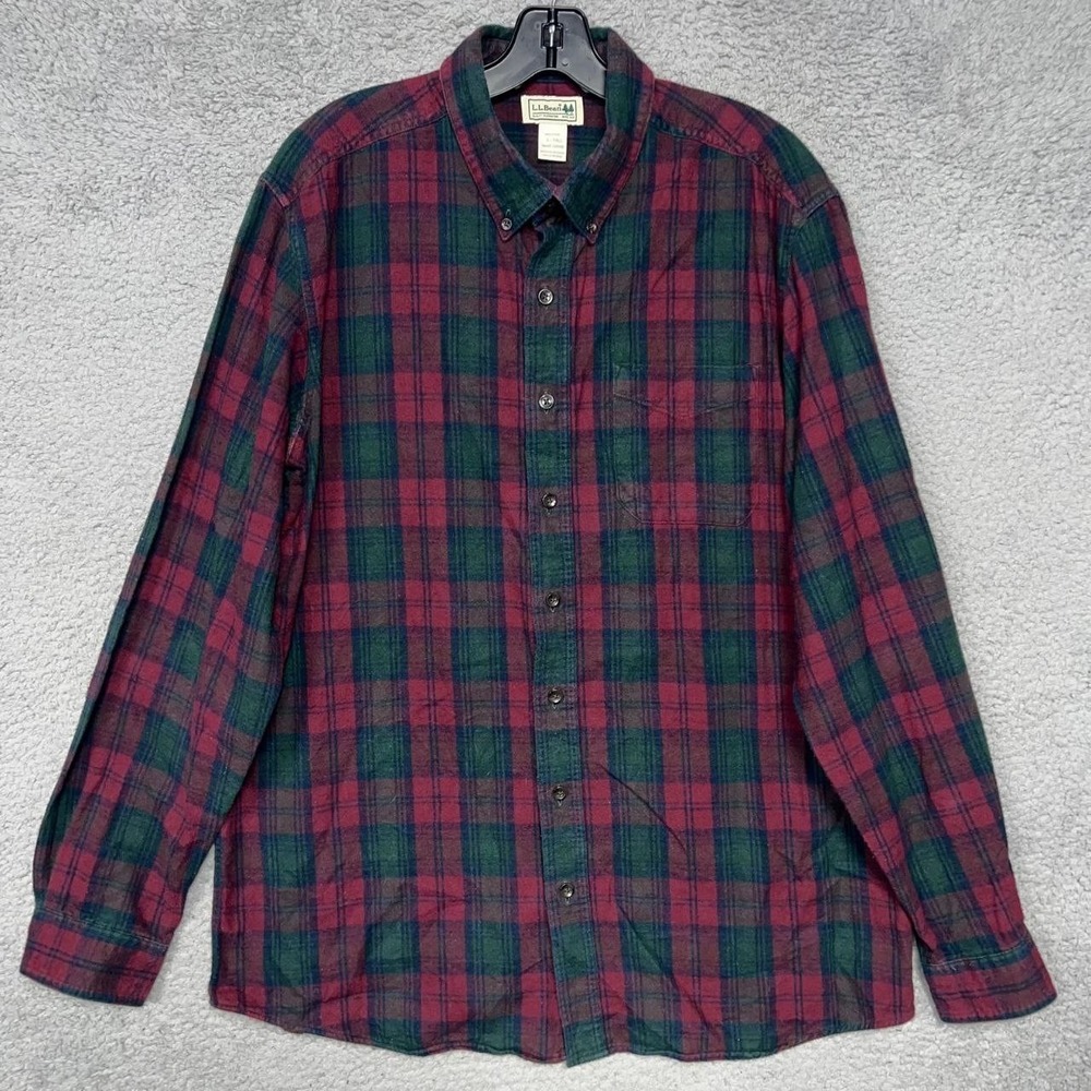LL Bean Shirt Men's Size L Tall Red Green Scotch Plaid Flannel Button Up Pocket